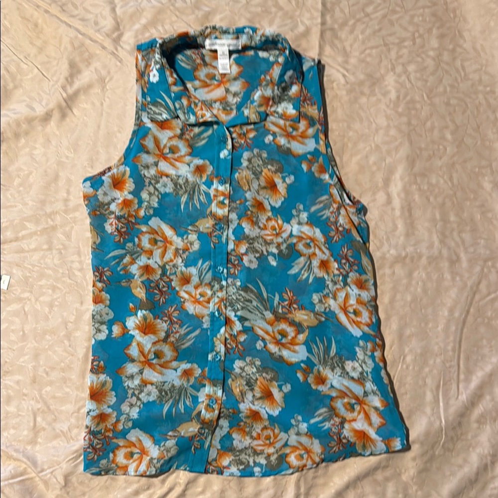 Ambiance Blue Tan Sleeveless Peter Pan Collar Top